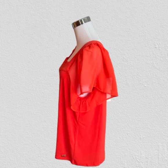 NWT Calvin Klein square neck sheer ruffle sleeve top in Fire Orange Size Large - Picture 3 of 7